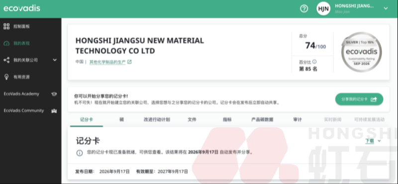 虹石新材料荣获EcoVadis银牌，可持续发展实力获国际认可